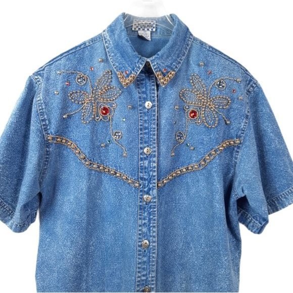 VTG 80s Pretty Bleu Stonewash Cotton Denim Gold Beaded Gems Short Sleeve Shirt S - Picture 2 of 12